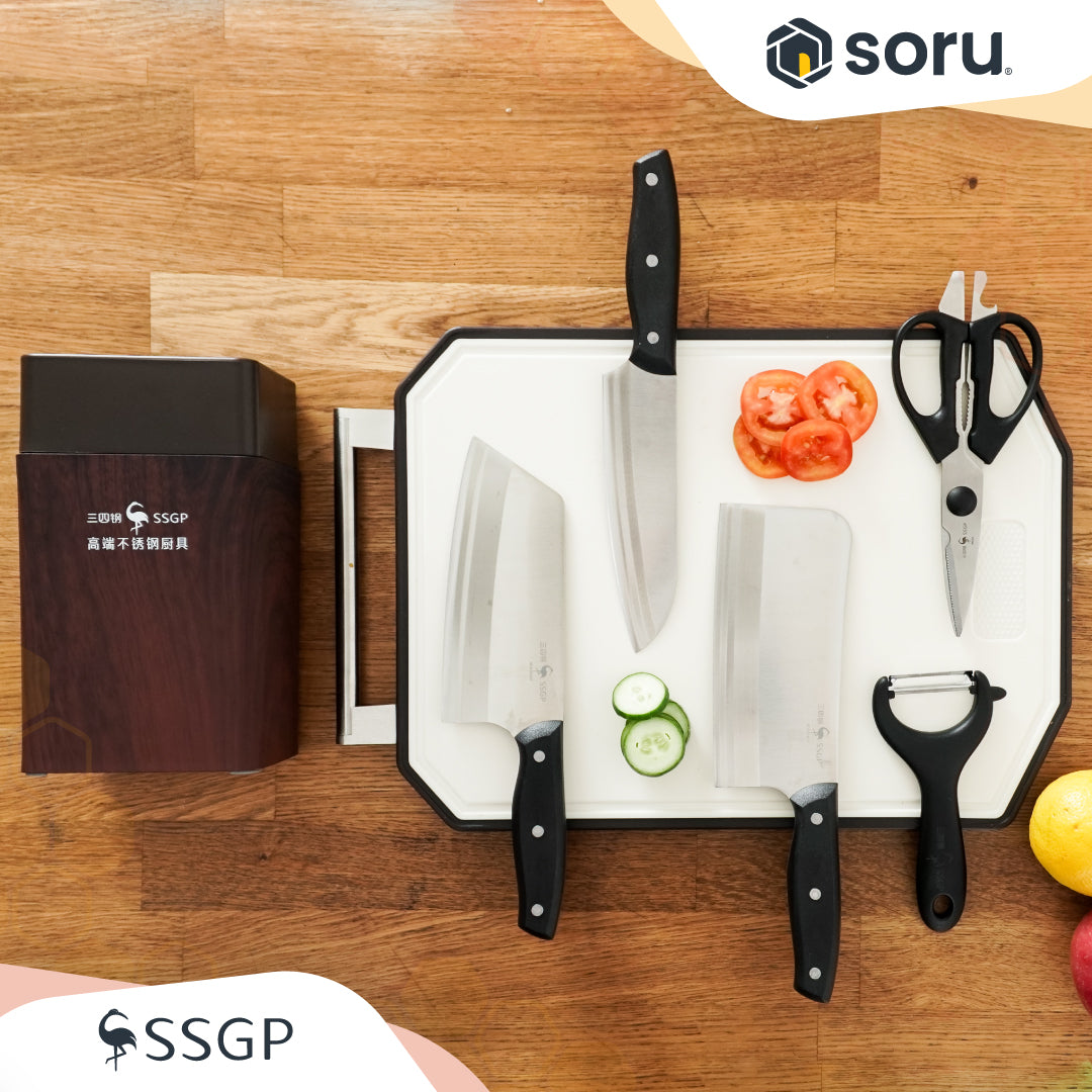 SSGP Set Pisau Dapur Stainless 6 pcs dengan Penajam Pisau & Wood Block