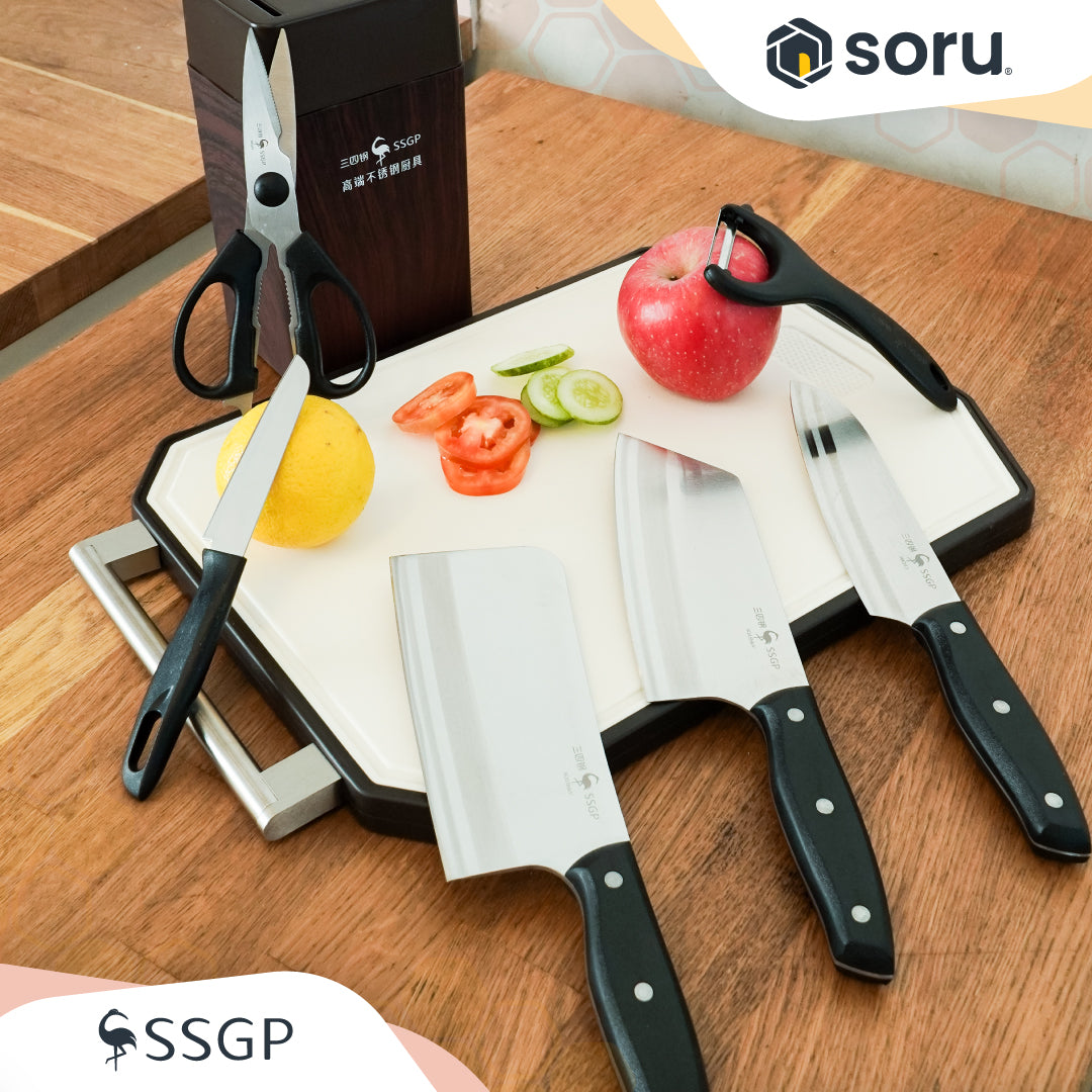 SSGP Set Pisau Dapur Stainless 6 pcs dengan Penajam Pisau & Wood Block