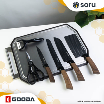 GOODA Set Pisau Dapur Diamond Stainless 6in1 Stone Coating Hitam Gagang Kayu Knife Set 6in1 GA-002