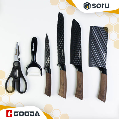 GOODA Set Pisau Dapur Diamond Stainless 6in1 Stone Coating Hitam Gagang Kayu Knife Set 6in1 GA-002