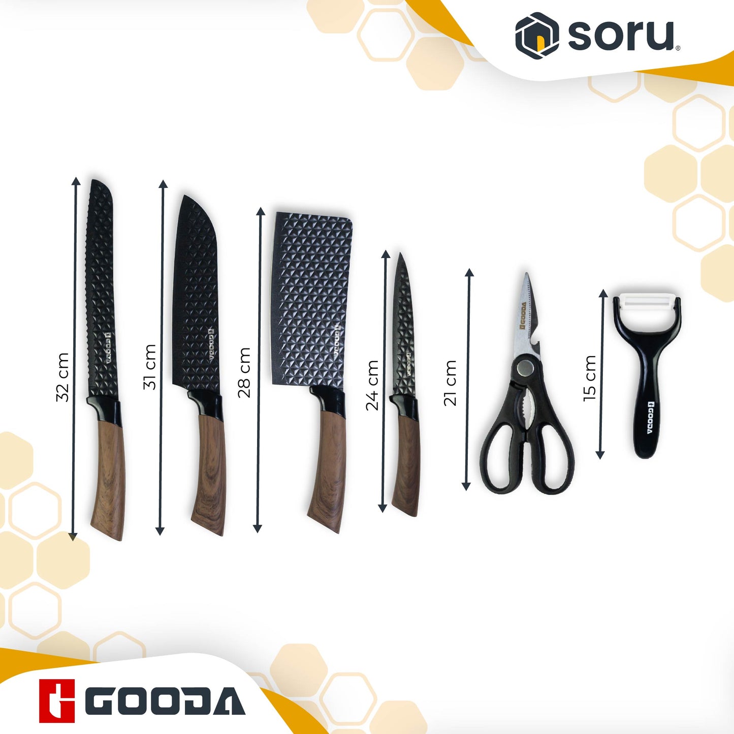 GOODA Set Pisau Dapur Diamond Stainless 6in1 Stone Coating Hitam Gagang Kayu Knife Set 6in1 GA-002