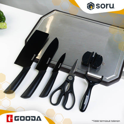 GOODA Set Pisau Dapur Stainless Hitam 6in1 dengan Asahan Pisau Knife Set 6in1 GA-008