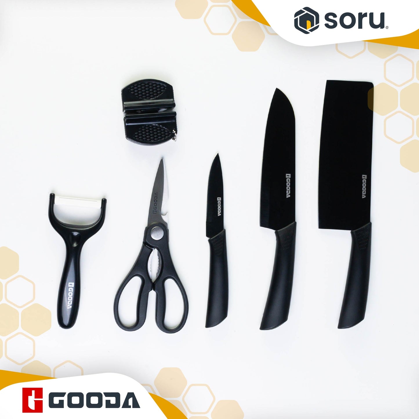 GOODA Set Pisau Dapur Stainless Hitam 6in1 dengan Asahan Pisau Knife Set 6in1 GA-008