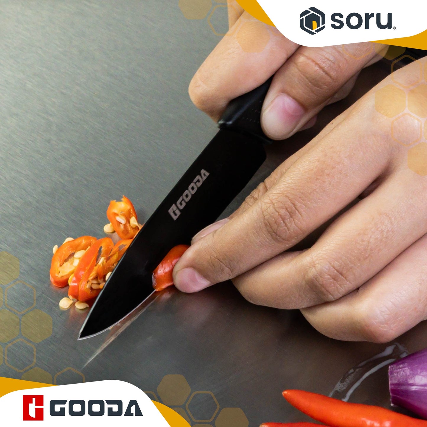 GOODA Set Pisau Dapur Stainless Hitam 6in1 dengan Asahan Pisau Knife Set 6in1 GA-008