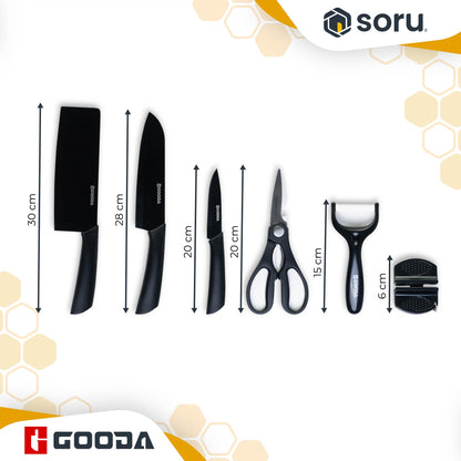 GOODA Set Pisau Dapur Stainless Hitam 6in1 dengan Asahan Pisau Knife Set 6in1 GA-008