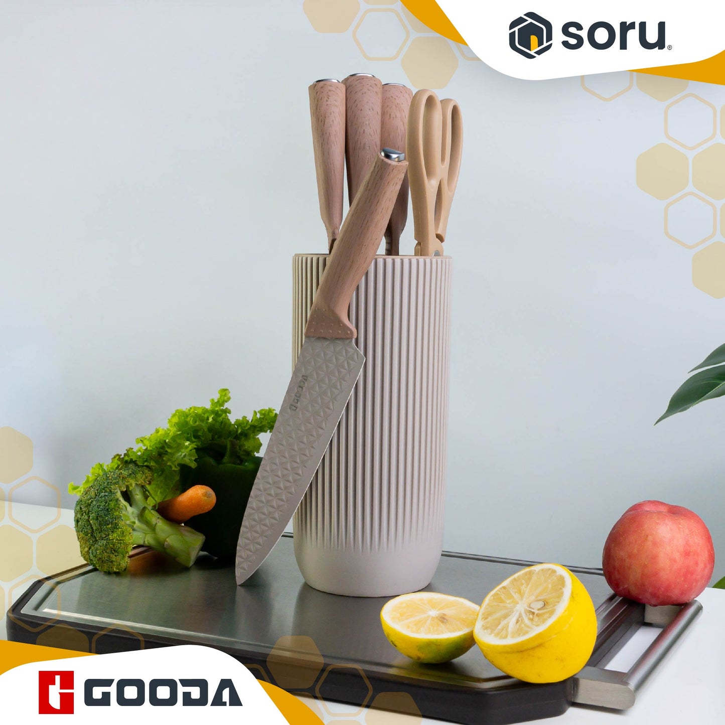 GOODA Set Pisau Dapur Stainless 5in1 dengan Tempat Pisau Knife Set 5in1 with Knife Stand GA-019