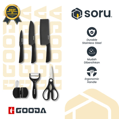 GOODA Set Pisau Dapur Stainless Hitam 6in1 dengan Asahan Pisau Knife Set 6in1 GA-008